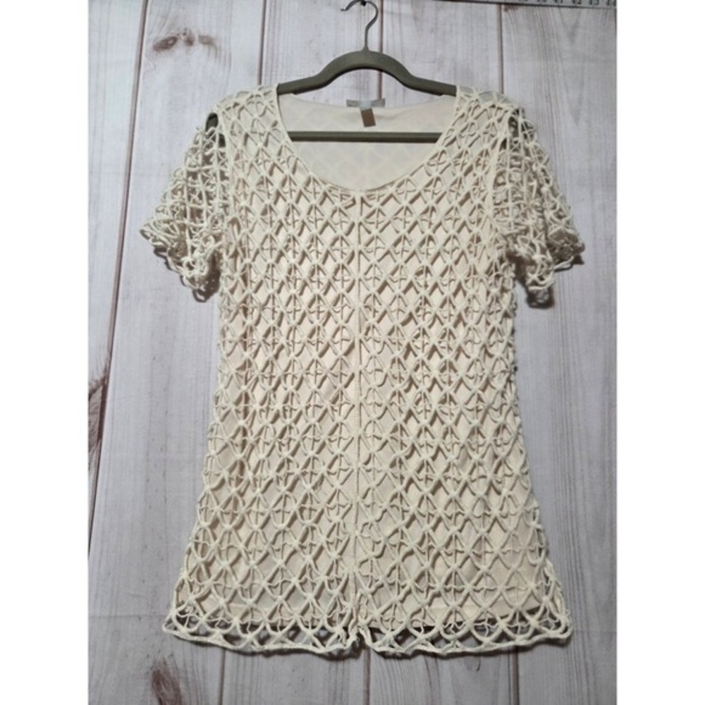 Dressbarn Womens Crochet Overlay Short Sleeve Top Cream Ivory Size L Coastal
